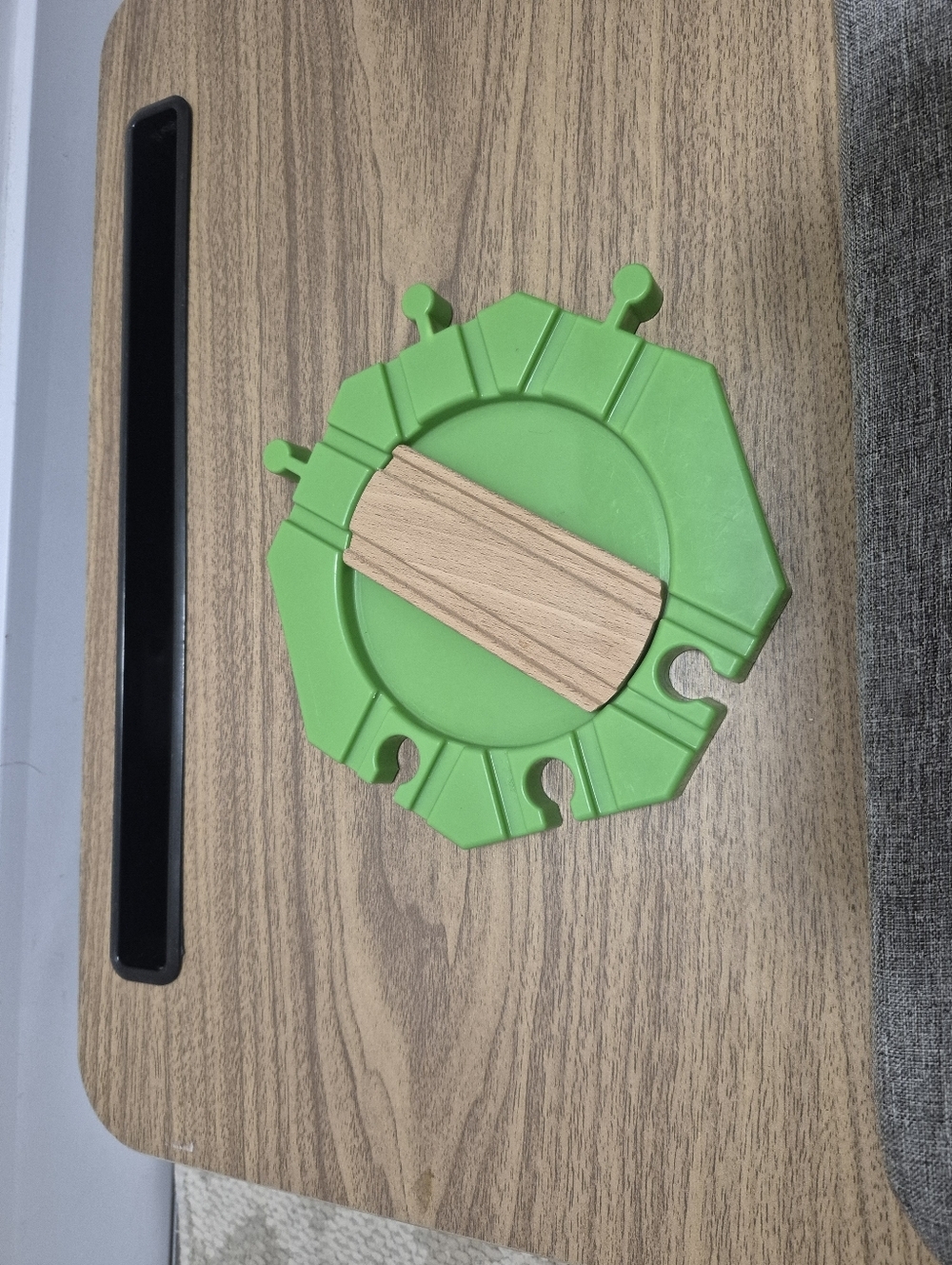 Green Plastic Toy Track Connector with Wooden Insert